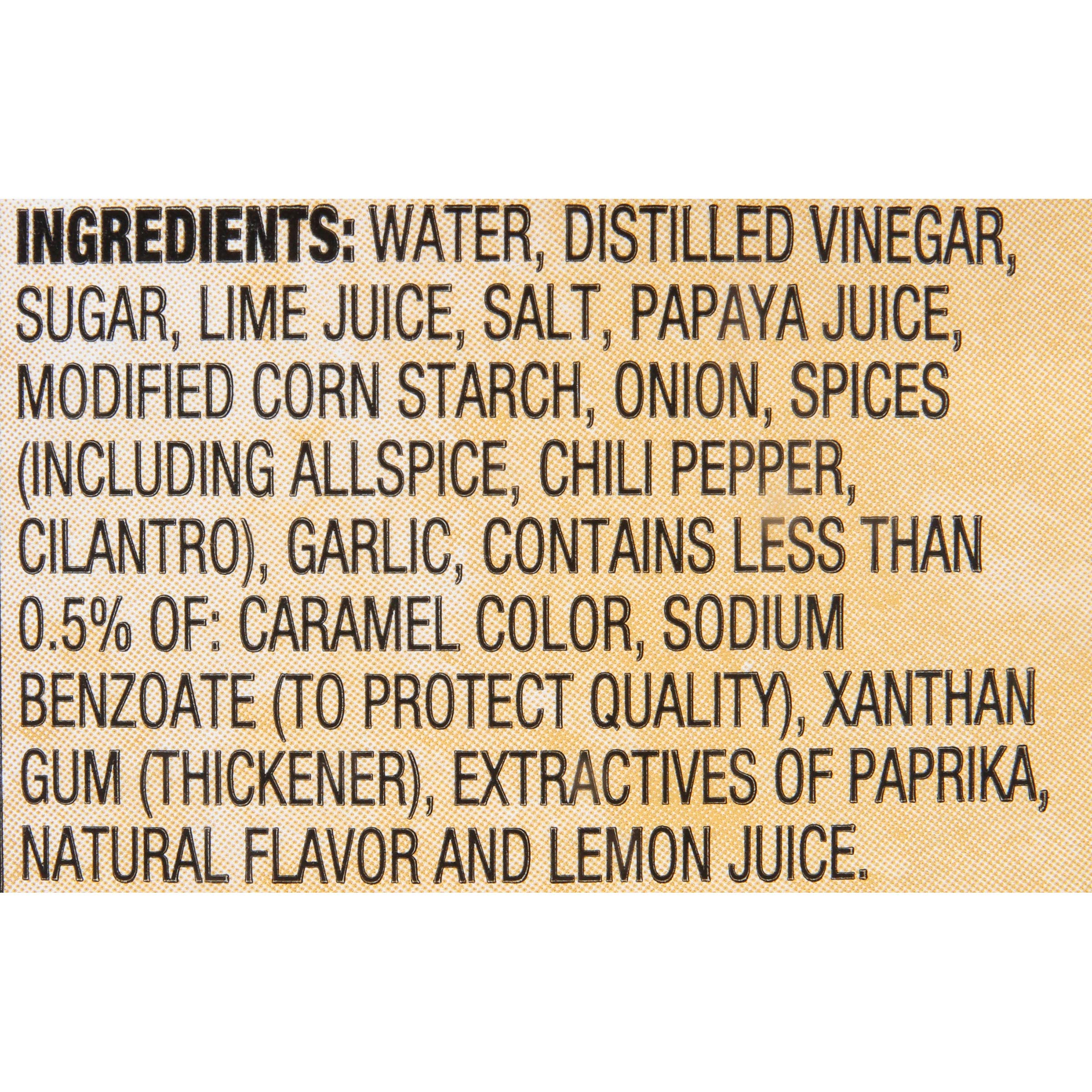 Close-up label of Lawry's Caribbean Jerk Marinade highlighting natural flavors and no MSG.