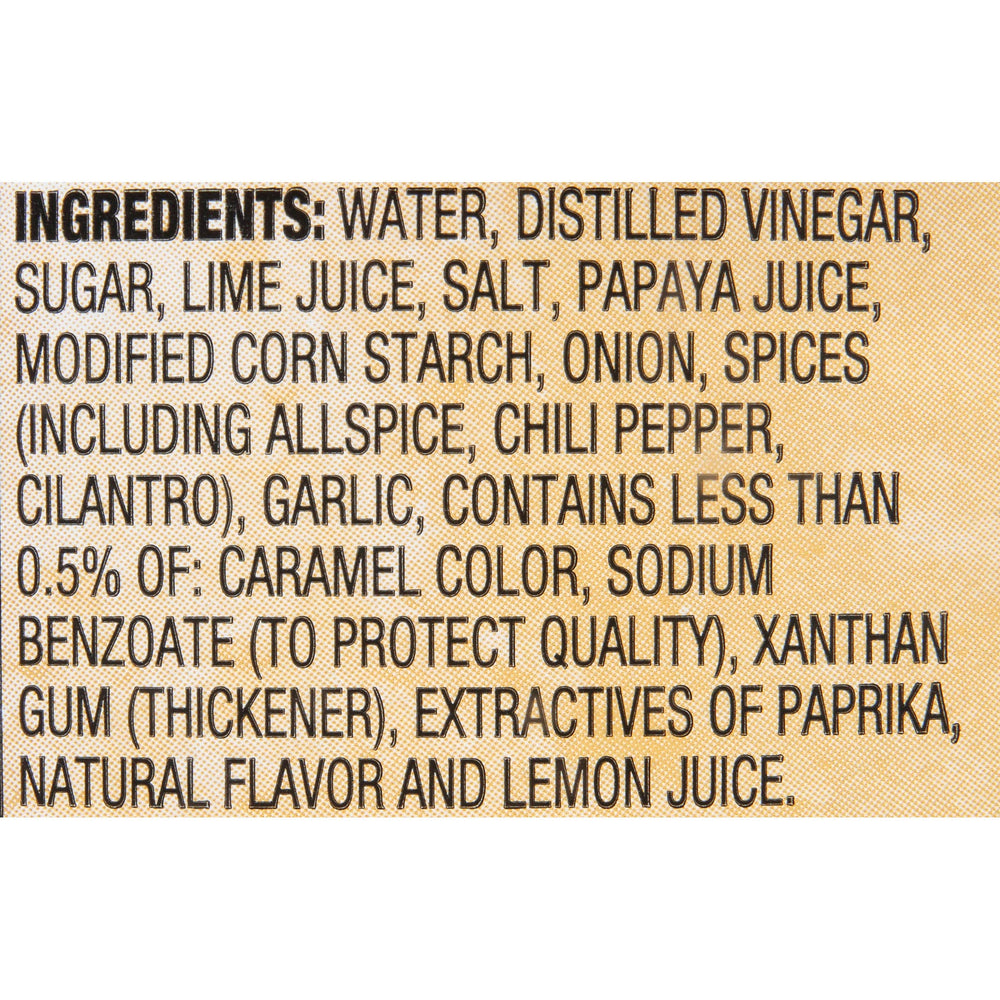 Close-up label of Lawry's Caribbean Jerk Marinade highlighting natural flavors and no MSG.