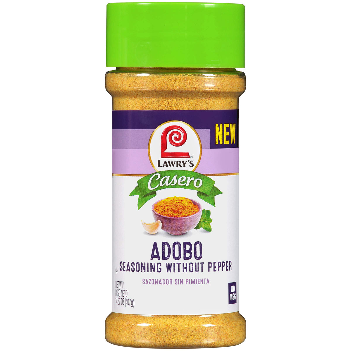 Lawry's Casero Adobo Without Pepper bottle enriches flavor with garlic and oregano.