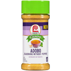 Lawry's Casero Adobo Without Pepper bottle enriches flavor with garlic and oregano.