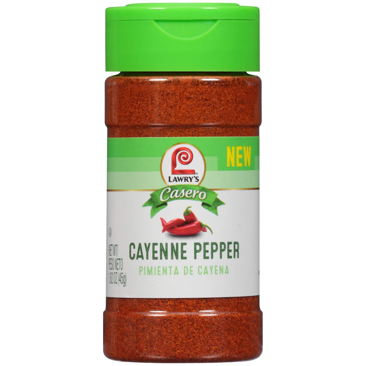 Lawry's Casero Cayenne Pepper bottle closeup for vibrant, versatile heat in any dish.
