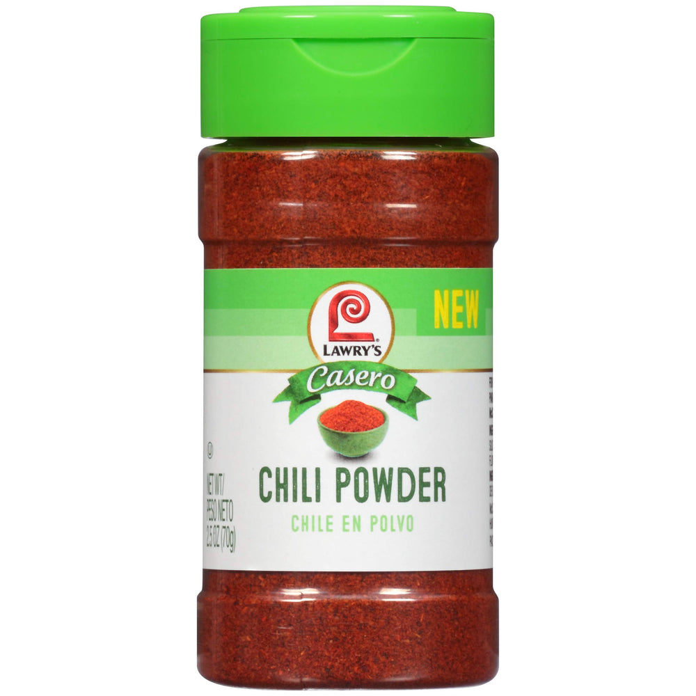 Lawry's Casero Chili Powder bottle adds balanced heat to grilled meats.