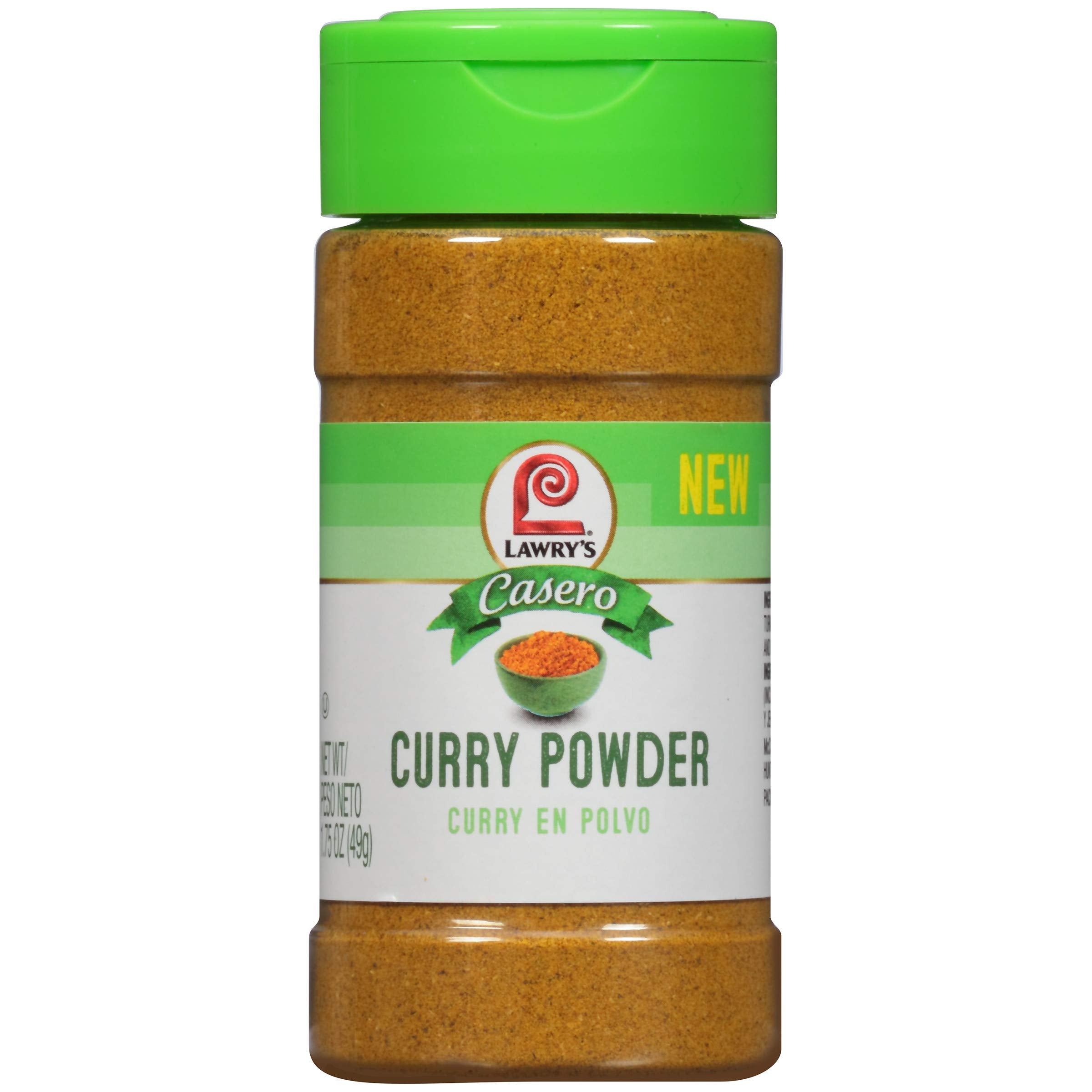 Lawry's Casero Curry Powder jar showing fragrant onion-spice blend for rich dishes.