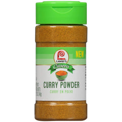 Lawry's Casero Curry Powder jar showing fragrant onion-spice blend for rich dishes.