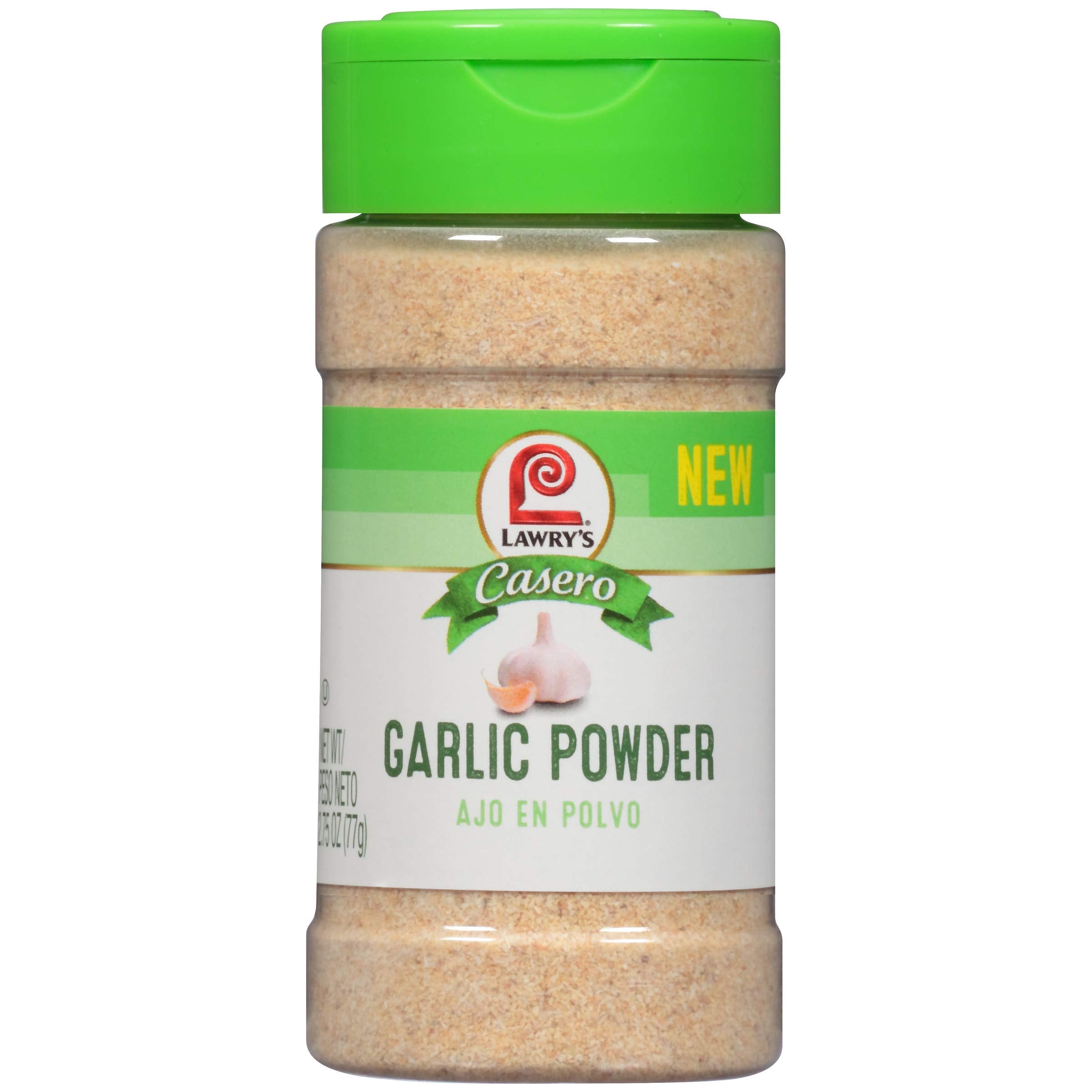 Lawry's Casero Garlic Powder jar adds ready-to-use garlic flavor for meals.