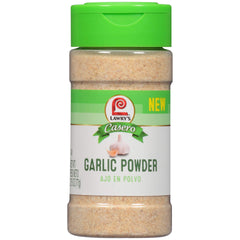 Lawry's Casero Garlic Powder jar adds ready-to-use garlic flavor for meals.