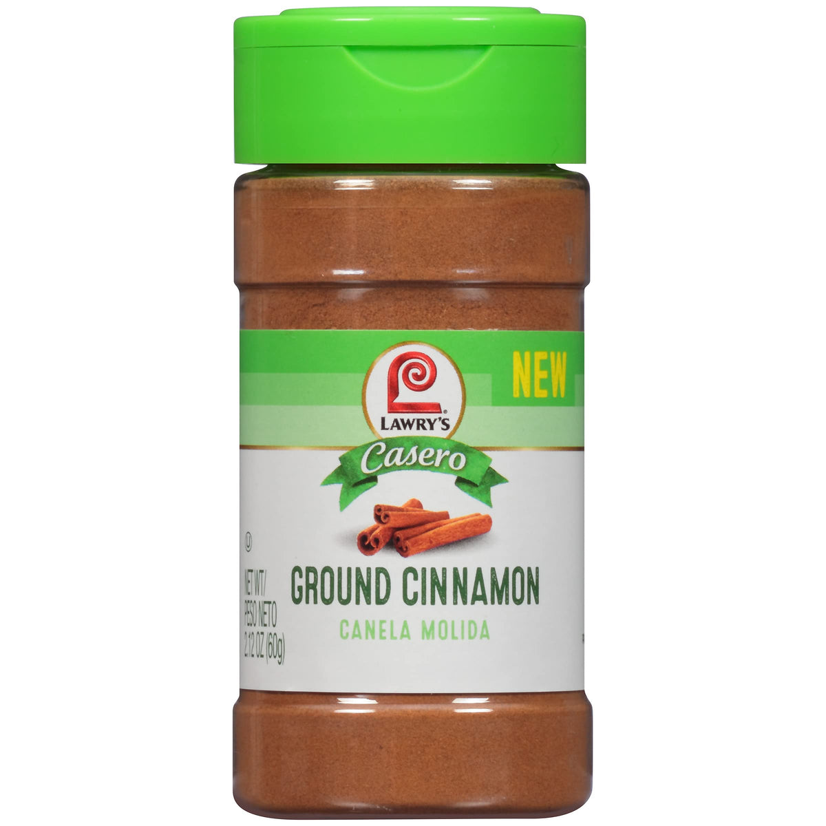 Lawry's Casero Ground Cinnamon bottle closeup; adds warm aroma to meals