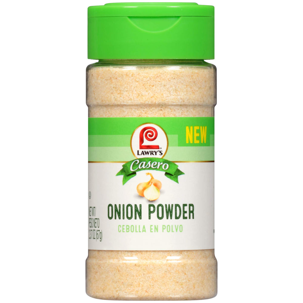 Lawry's Casero Onion Powder packaging close-up highlighting convenient dehydrated flavor