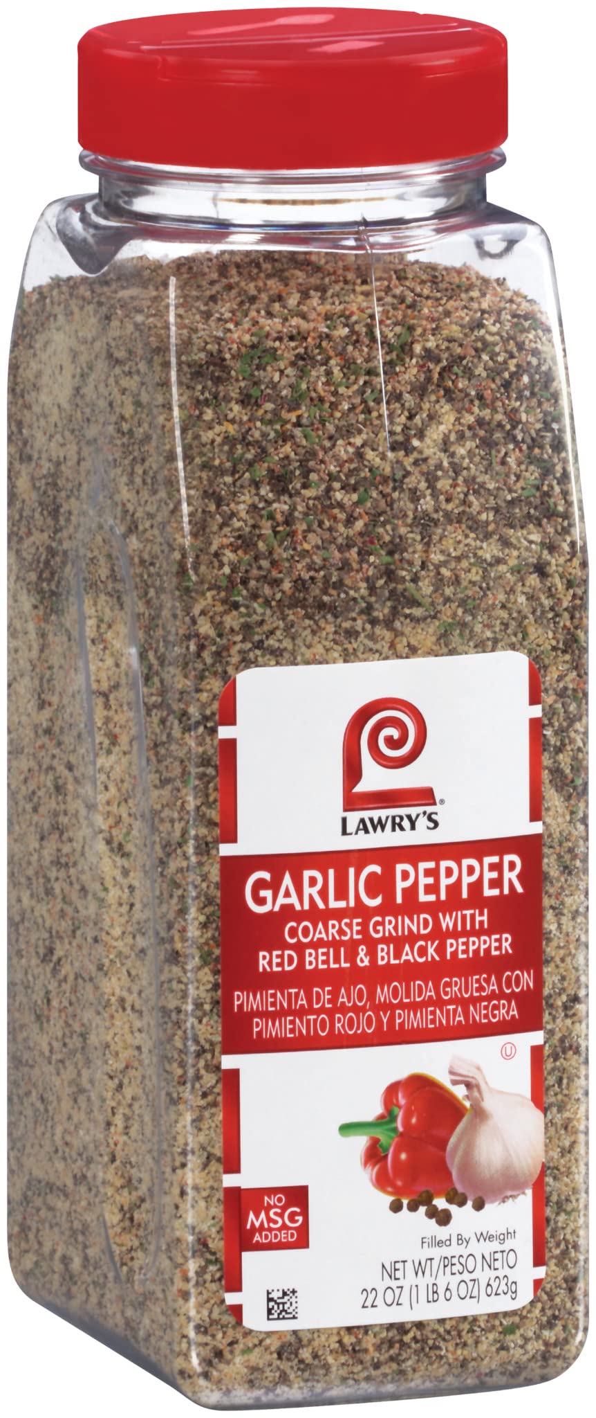 Lawry's Coarse Grind Garlic Pepper bottle close-up highlighting bold, textured flavor for beef.