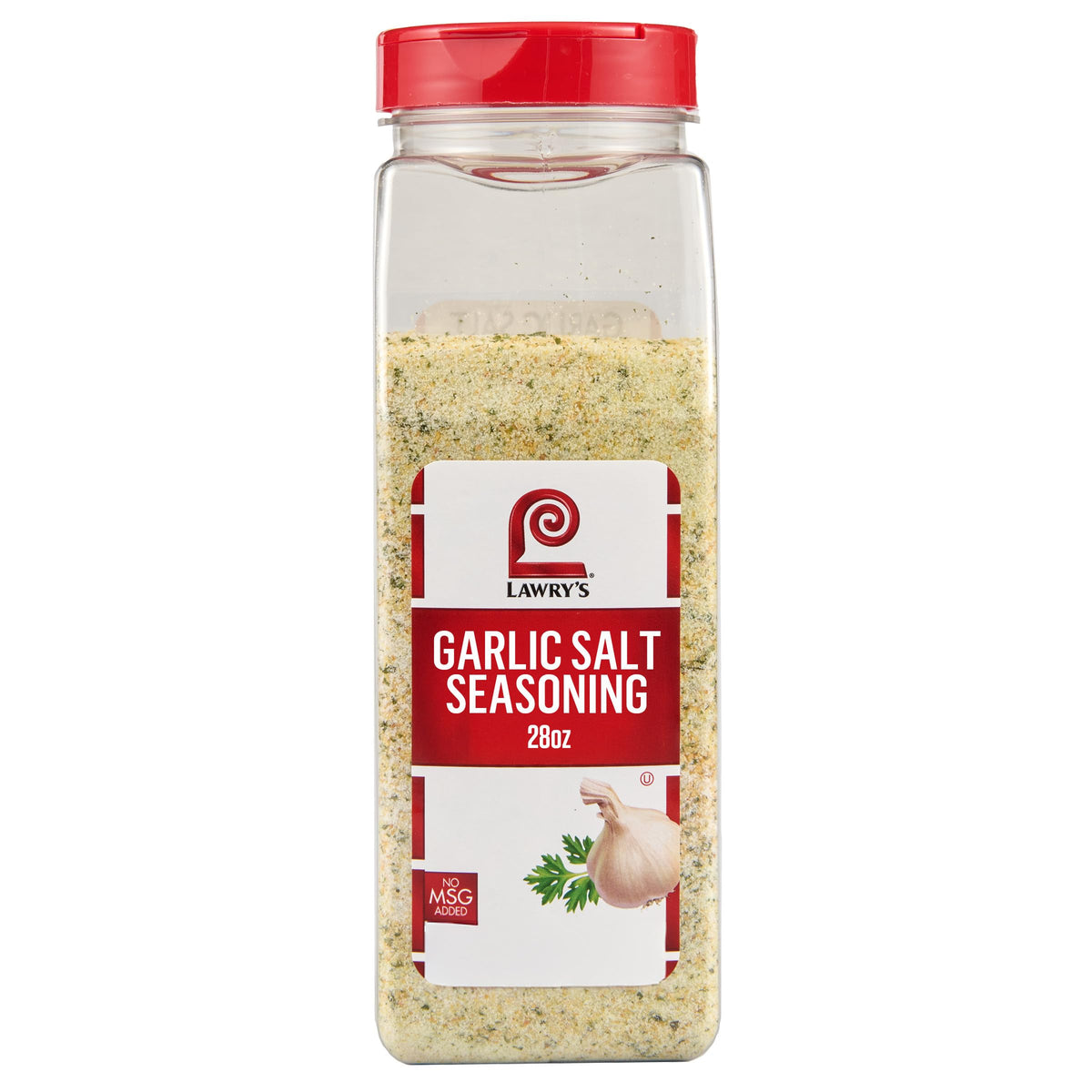 Lawry's garlic salt bottle pour enhances aroma and even flavor
