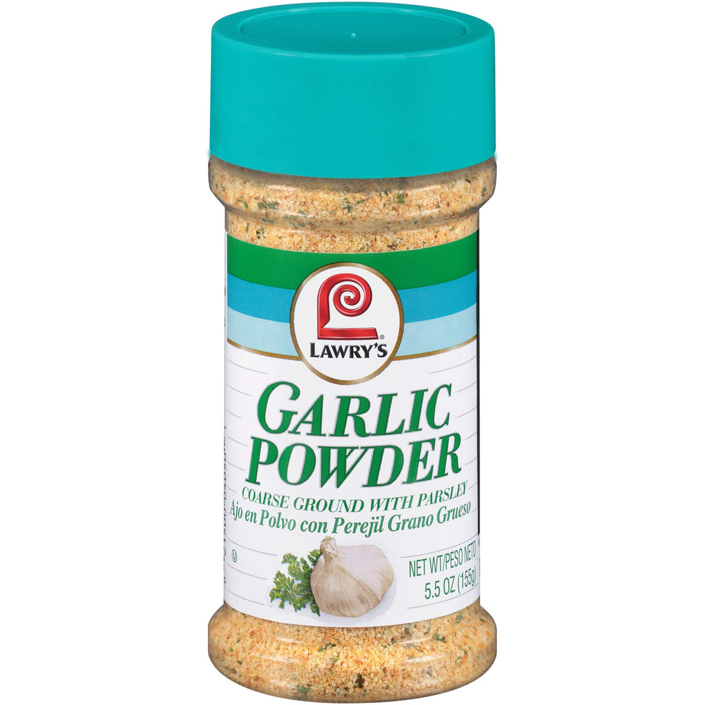 Lawry's Coarse Ground Garlic Parsley bottle front view for bold flavor potential.