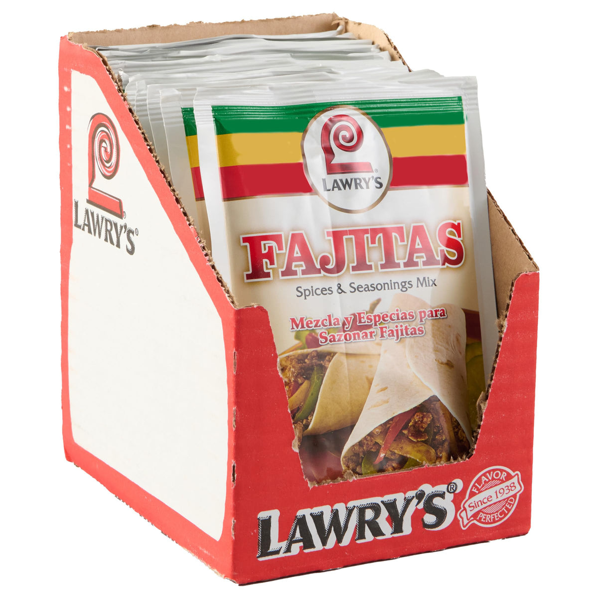 Lawry’s Fajitas Spice Mix 12-pack front label, quick weeknight meal option.