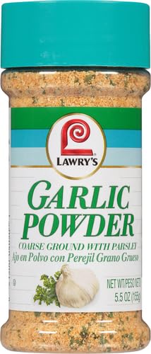 Lawry's Garlic Powder Coarse Ground measured with spoon for precise seasoning.
