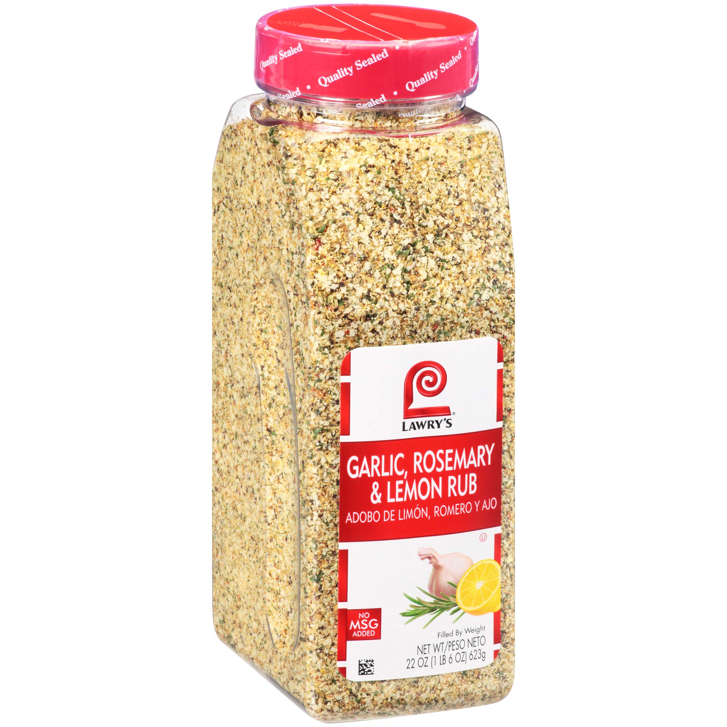 Lawry's Garlic, Rosemary and Lemon Rub bottle label highlighting Mediterranean flavor for bold meals.