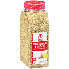 Lawry's Garlic, Rosemary and Lemon Rub bottle label highlighting Mediterranean flavor for bold meals.
