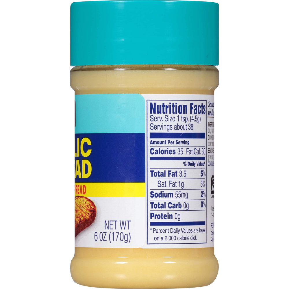 Lawry's Garlic Spread ingredients label highlights seasoning and convenient usage.