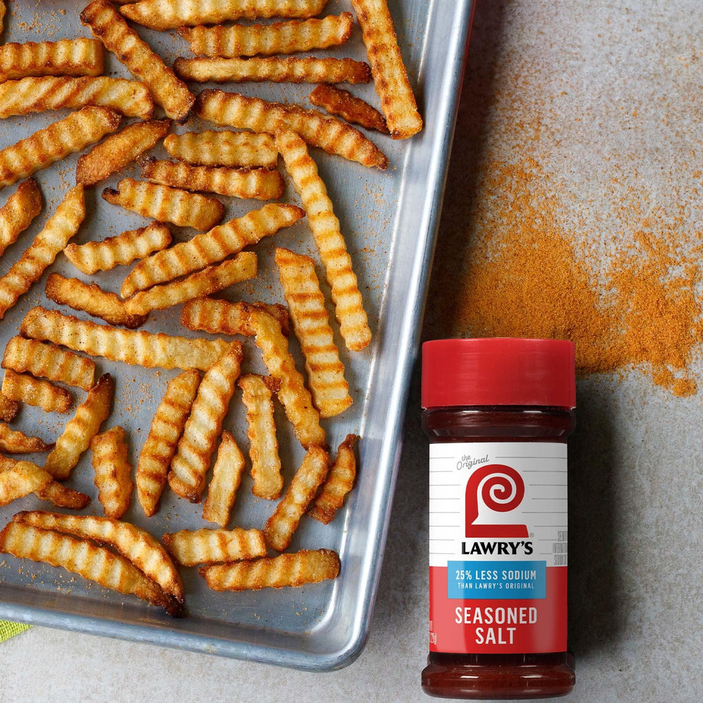 Lawry's Less Sodium Seasoned Salt label close-up for kosher, no MSG.