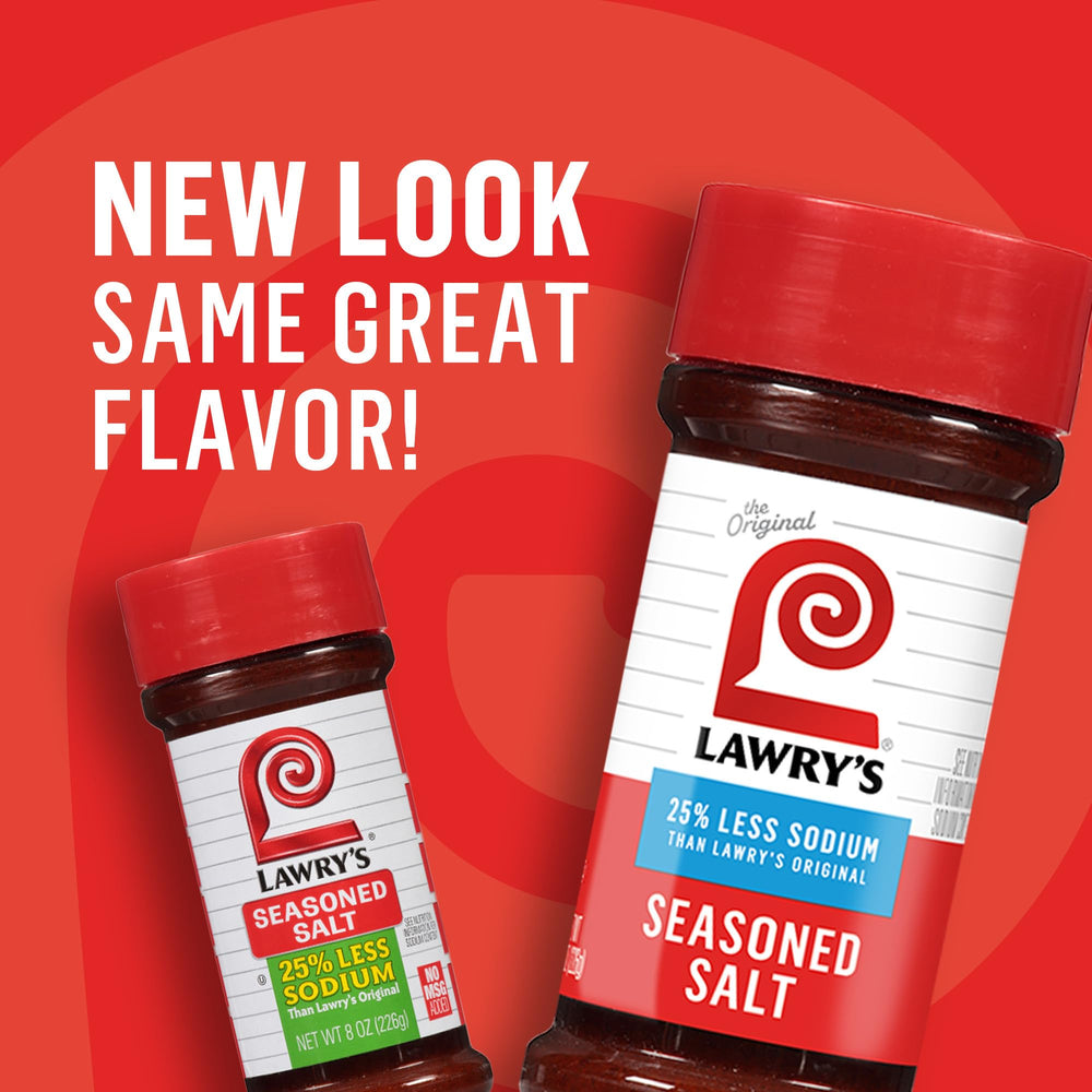 Lawry's Less Sodium Seasoned Salt shaker on beef dish boosting flavor.