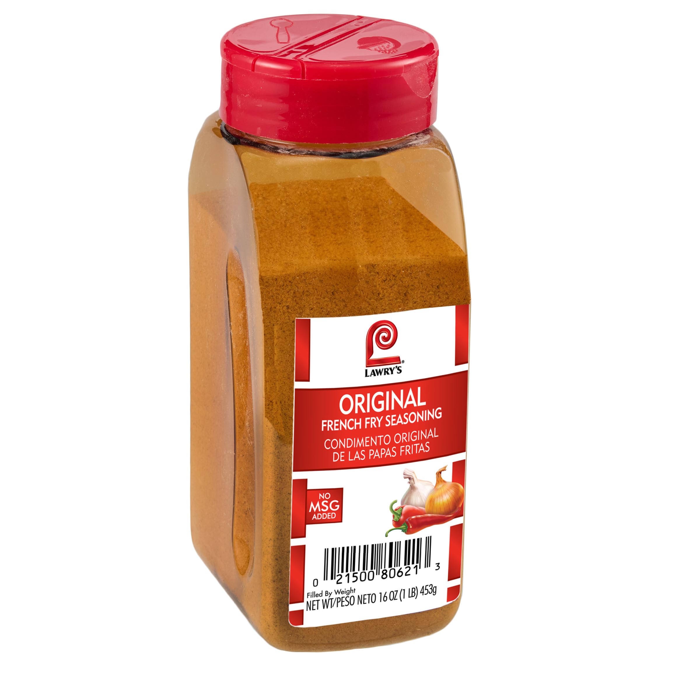 Lawry's Original French Fry Seasoning bottle ready to shake on crispy potatoes.