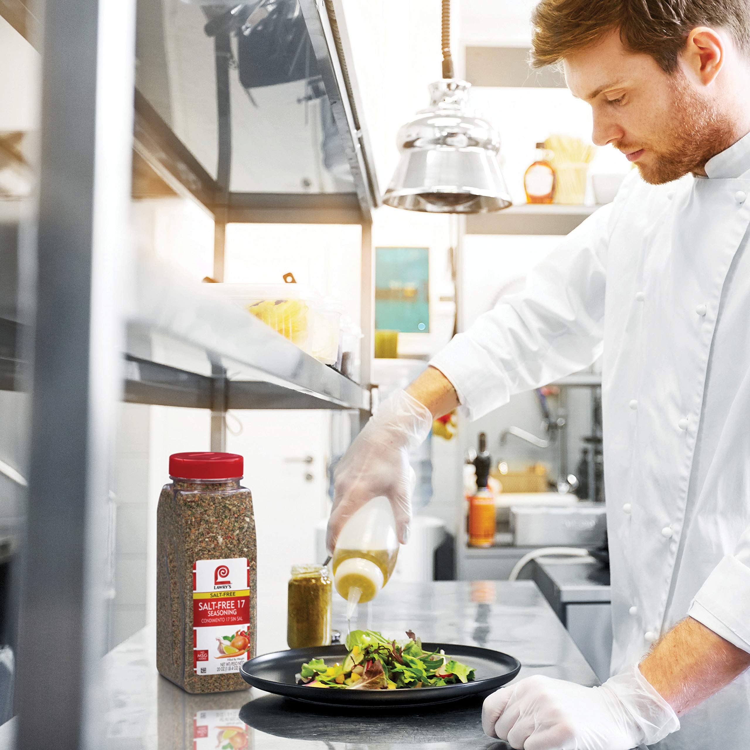 Lawry's Salt-Free 17 Seasoning dispensing in kitchen workflow