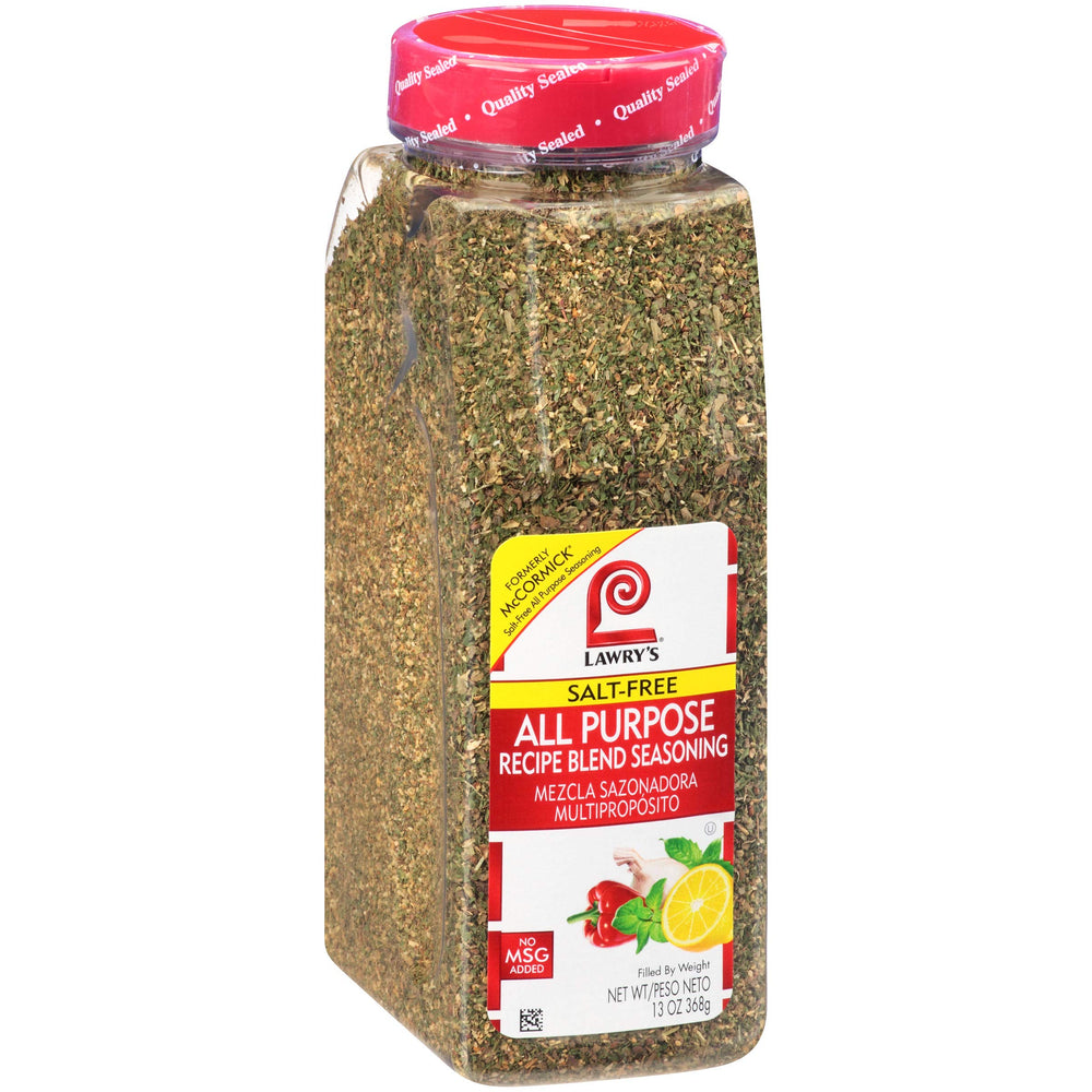 Lawry's Salt Free All Purpose Recipe Blend bottle on shelf offers sodium-free flavor.