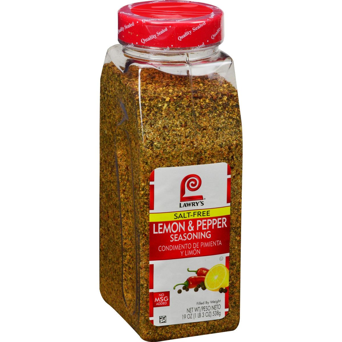 Lawry's Salt Free Lemon & Pepper bottle showing citrus flavor for low-sodium meals.