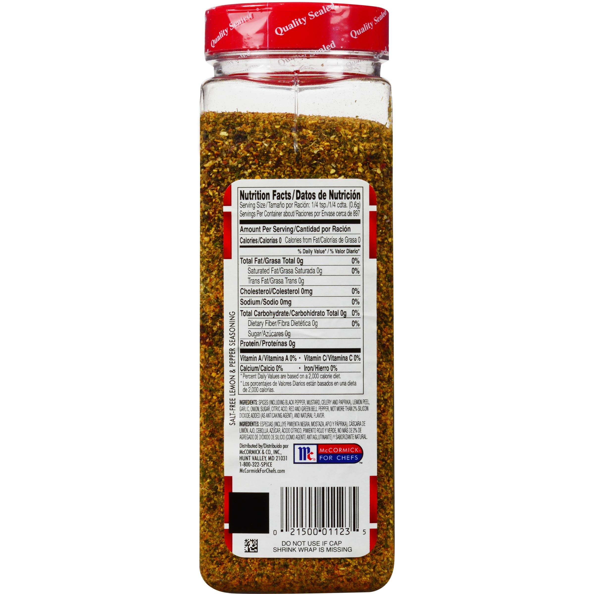 Close-up label of Lawry's Lemon & Pepper indicating no salt and kosher status.