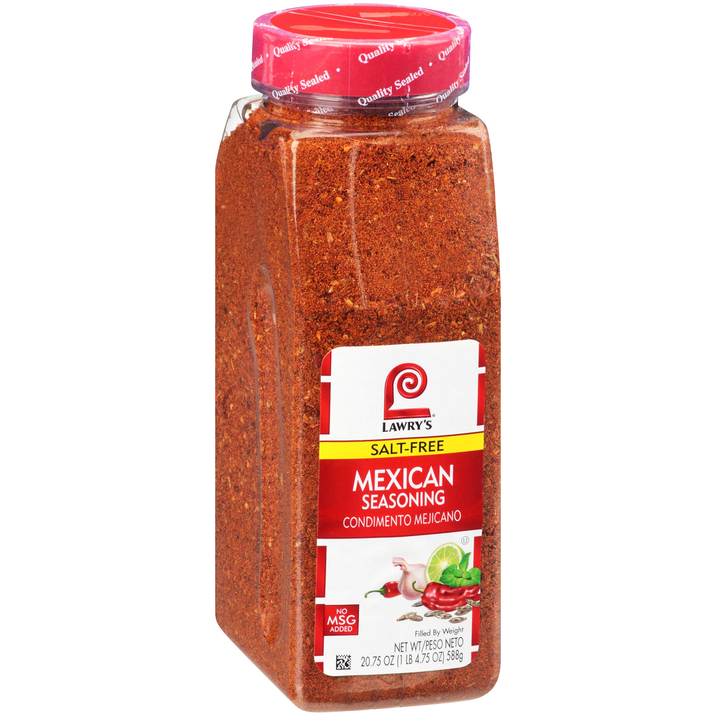 Lawry's Salt-Free Mexican Seasoning jar close-up highlighting salt-free blend for healthier cooking