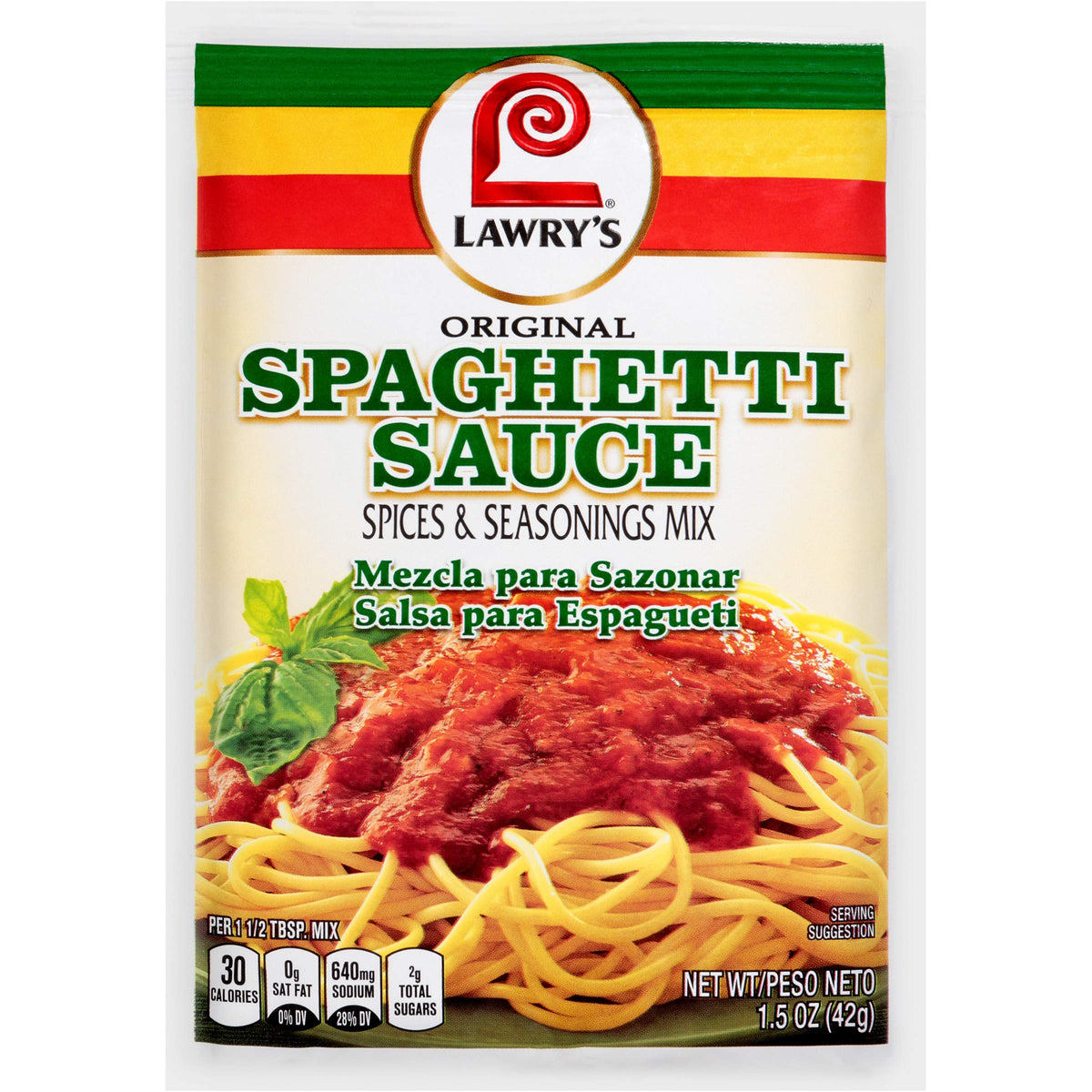Lawry's Spaghetti Mix bottle front showing quick weeknight flavor
