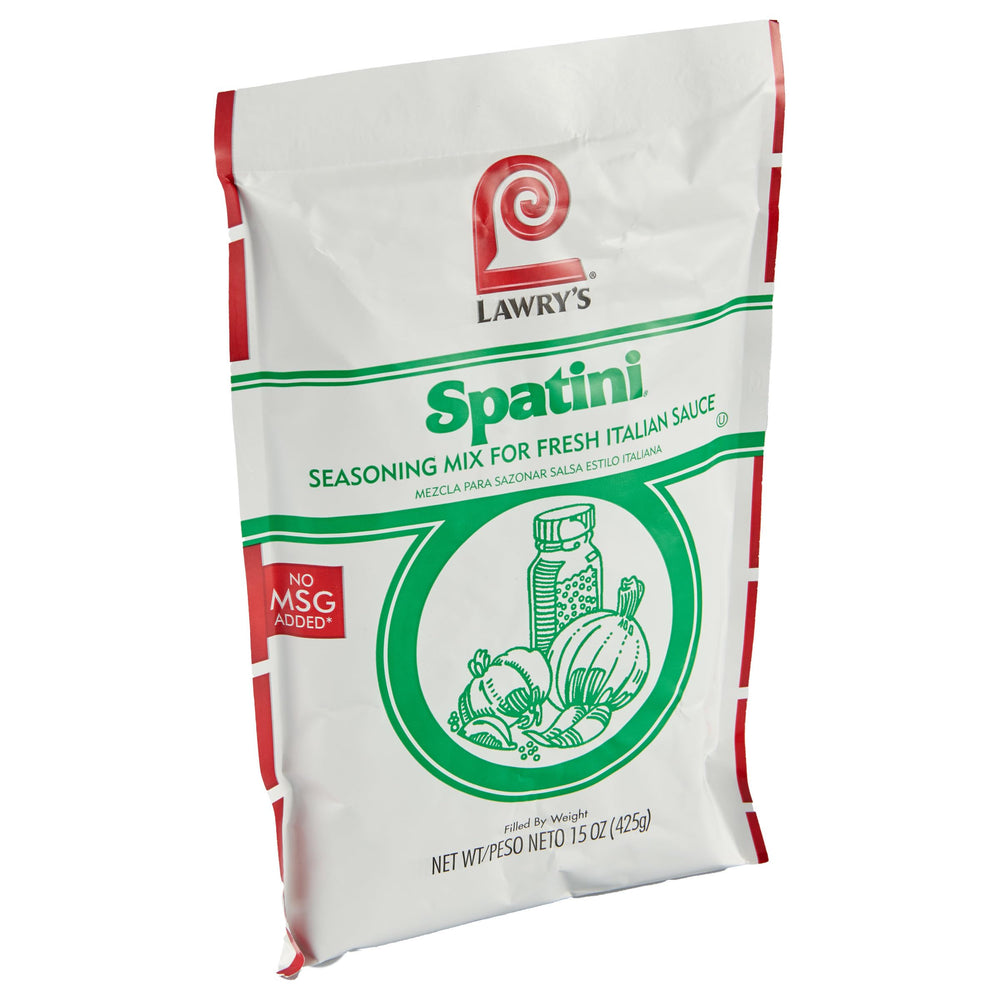 Lawry's Spatini seasoning packet close-up highlighting premium herbs and quick flavor