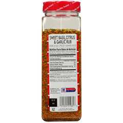 Lawry's Sweet Basil Citrus Garlic Rub jar close-up highlights premium herb blend.