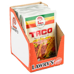 Lawry's Taco Spices packaging with 12-pack display for quick taco night flavor