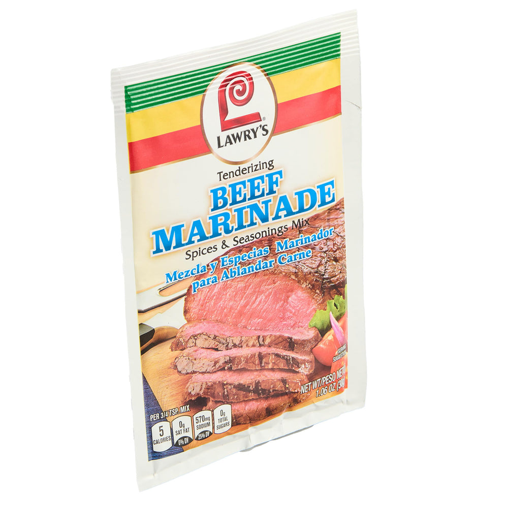 Close-up of Lawry's Tenderizing Beef Marinade seasoning pack with rich spices.