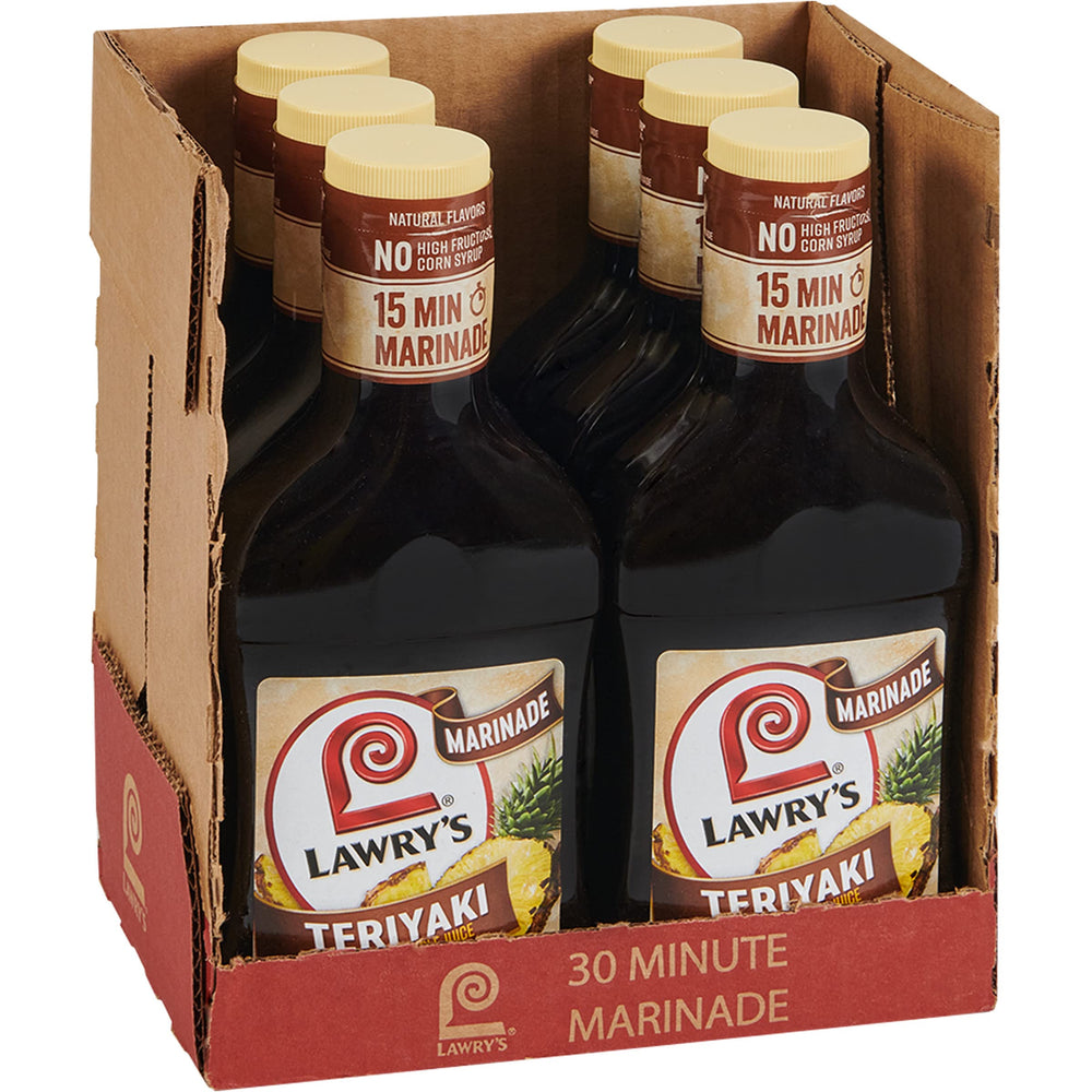 Lawry's Teriyaki Marinade bottle pour showing pineapple juice blend for quick weeknight flavor.