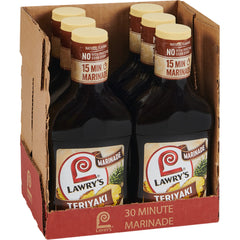 Lawry's Teriyaki Marinade bottle pour showing pineapple juice blend for quick weeknight flavor.