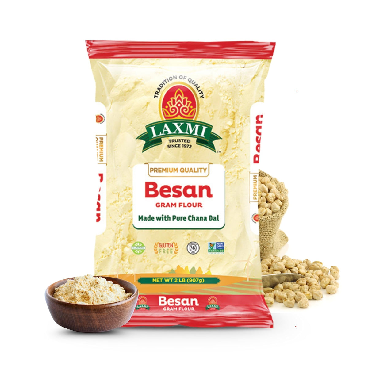 Laxmi Besan flour 2lb pack on kitchen counter for authentic Indian cooking.