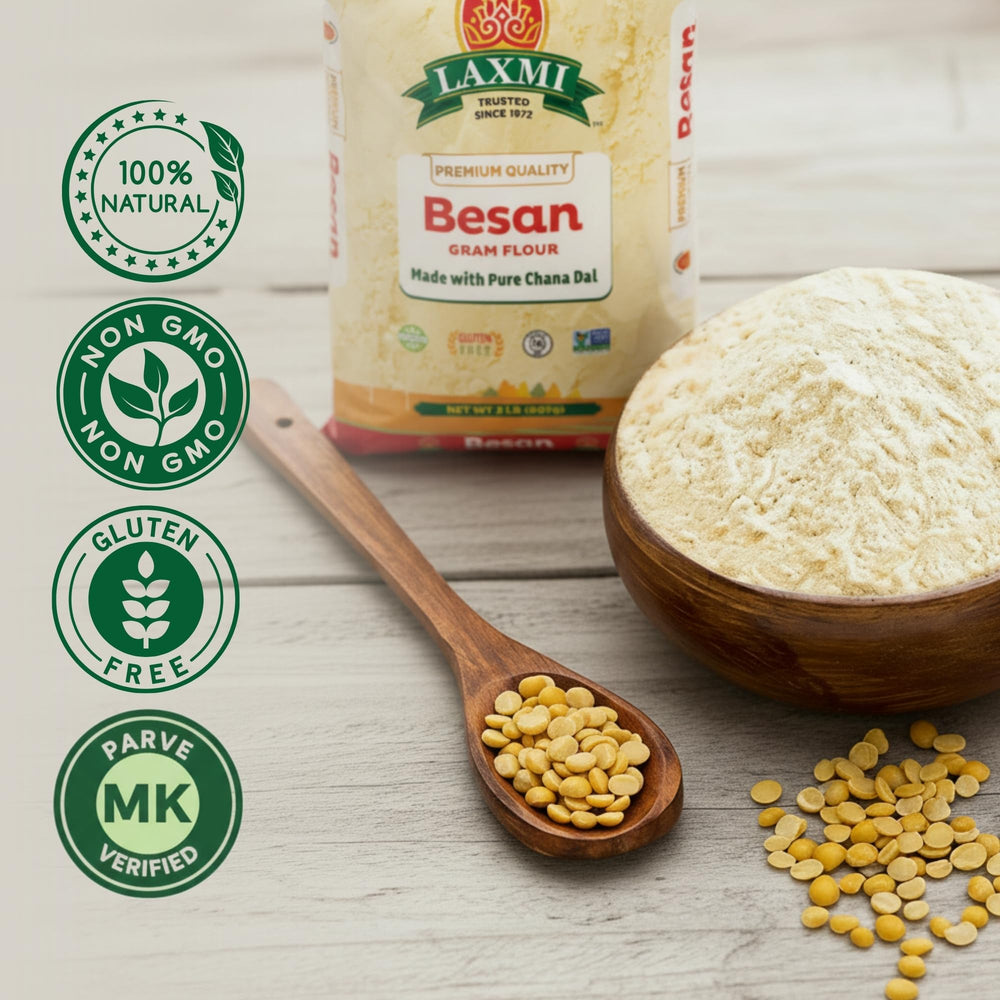 Laxmi Besan flour bag on pantry shelf, gluten-free and vegan pantry staple.