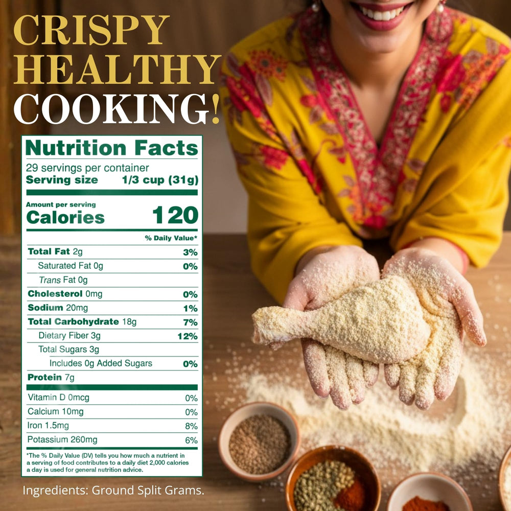 Close-up of Laxmi Besan flour texture, finely ground chickpeas.