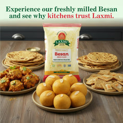 Laxmi Besan flour with measuring cups, ideal for gluten-free breads.