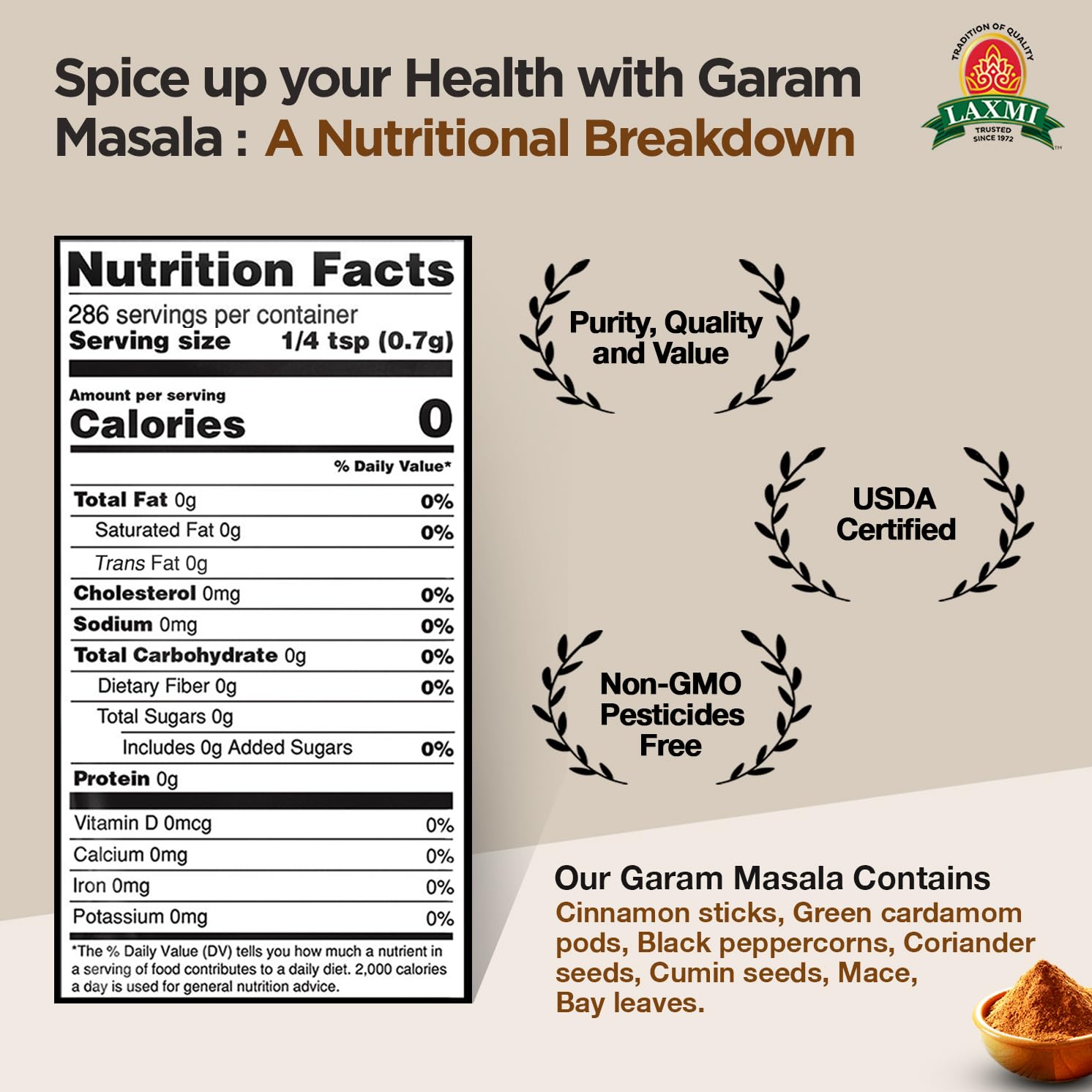 Close-up of Laxmi Garam Masala spice blend highlighting authentic spices.