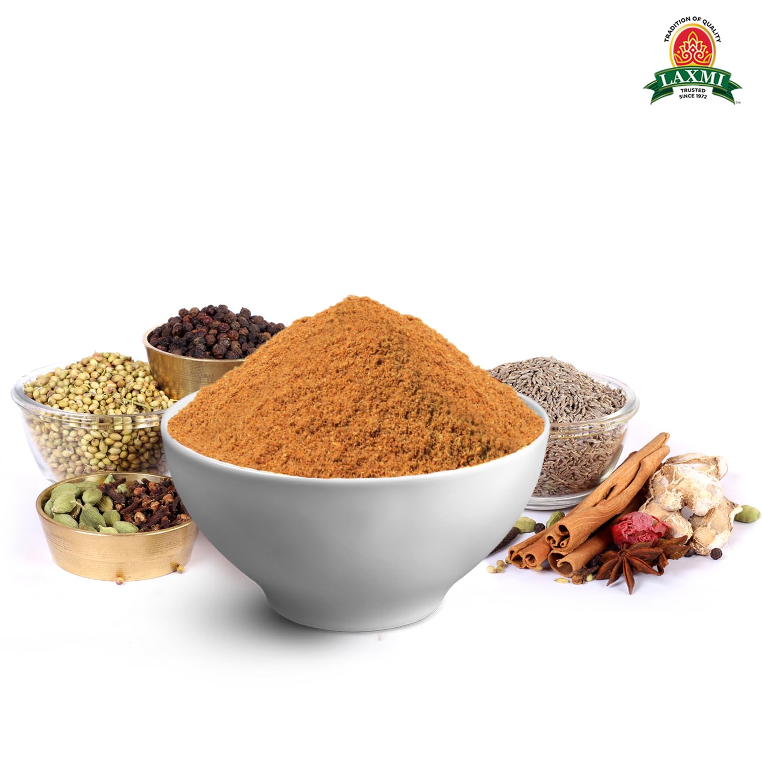 Resealable pouch preserves freshness of Laxmi Garam Masala.