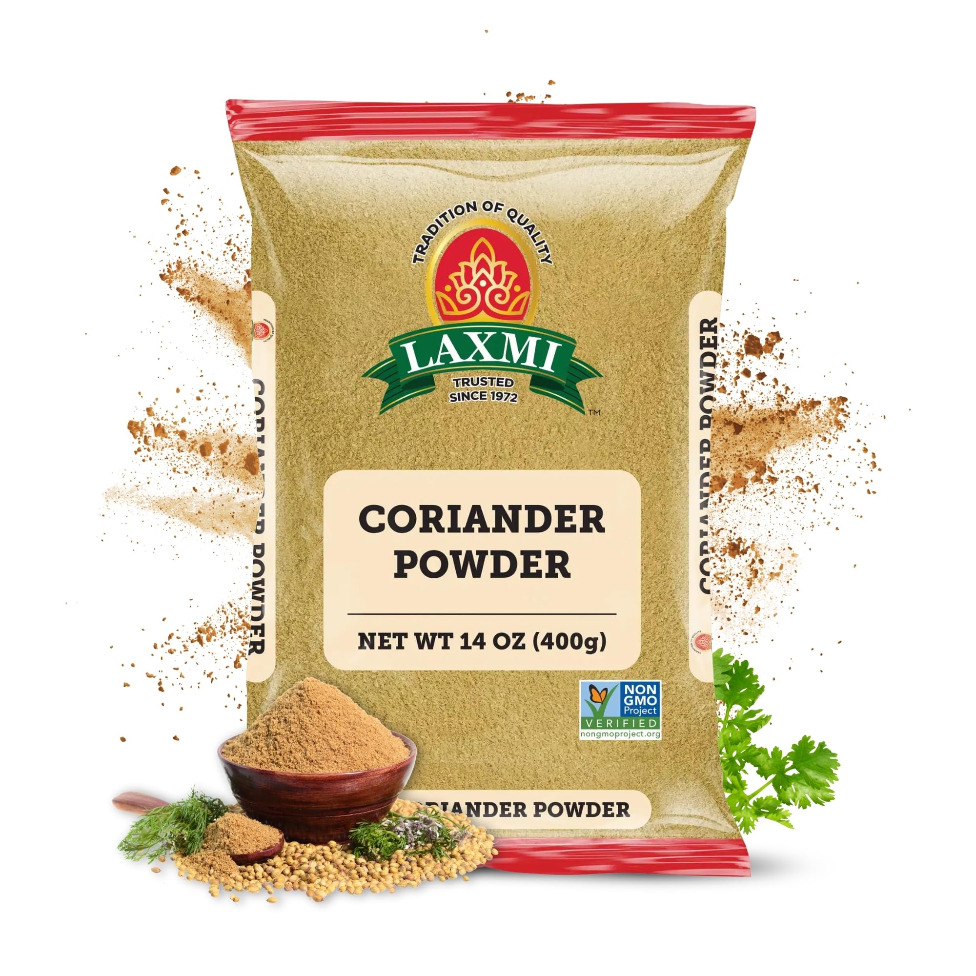 LAXMI coriander powder 14 oz bottle label highlights purity and premium quality