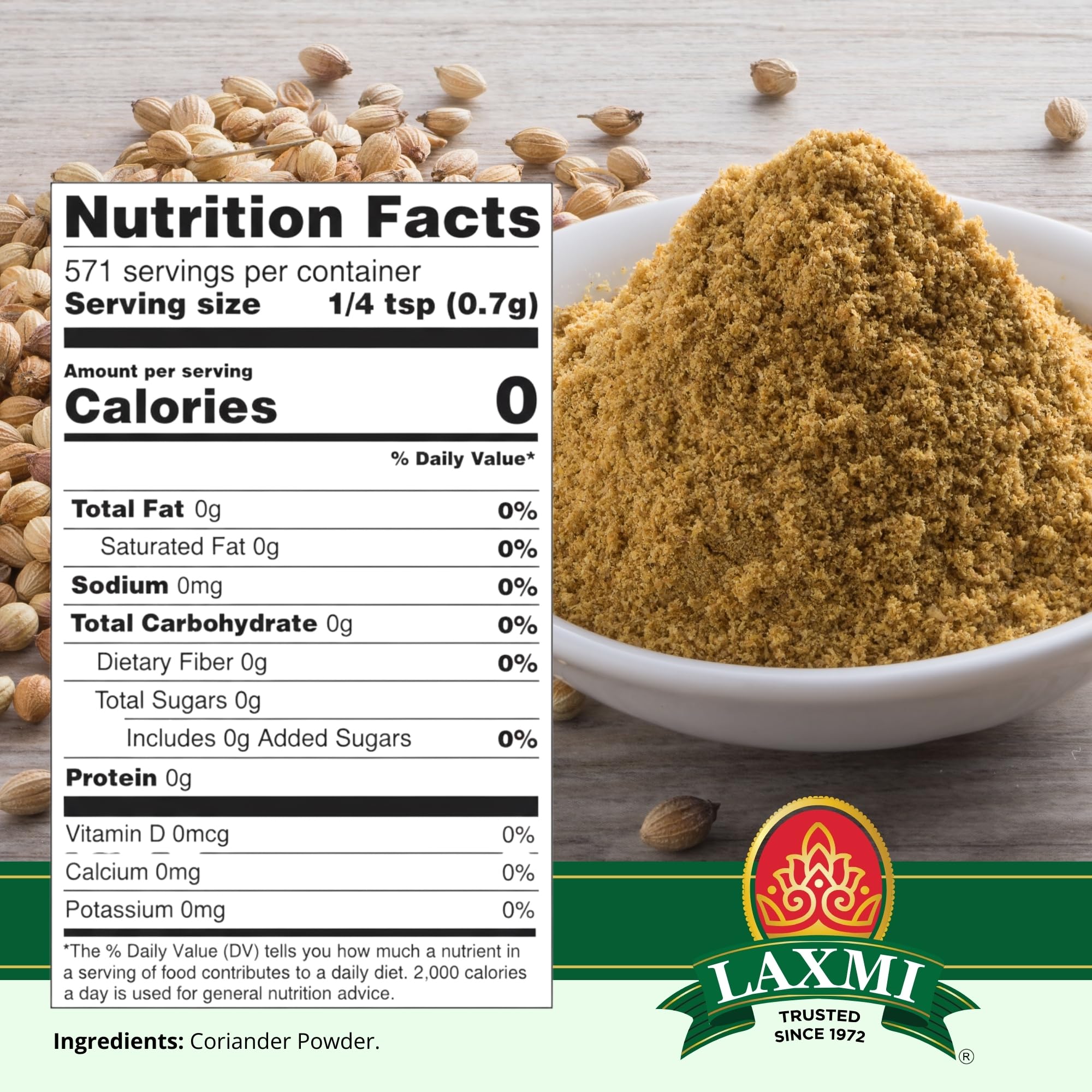 LAXMI coriander powder 14 oz being poured, signaling easy integration into recipes