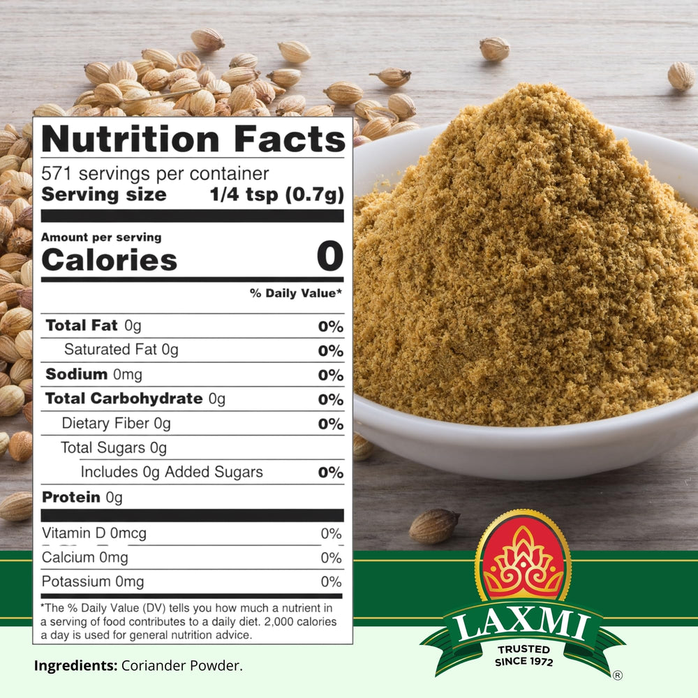 LAXMI coriander powder 14 oz being poured, signaling easy integration into recipes