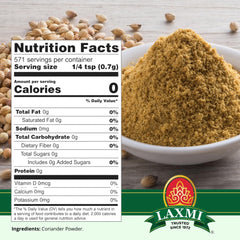 LAXMI coriander powder 14 oz being poured, signaling easy integration into recipes