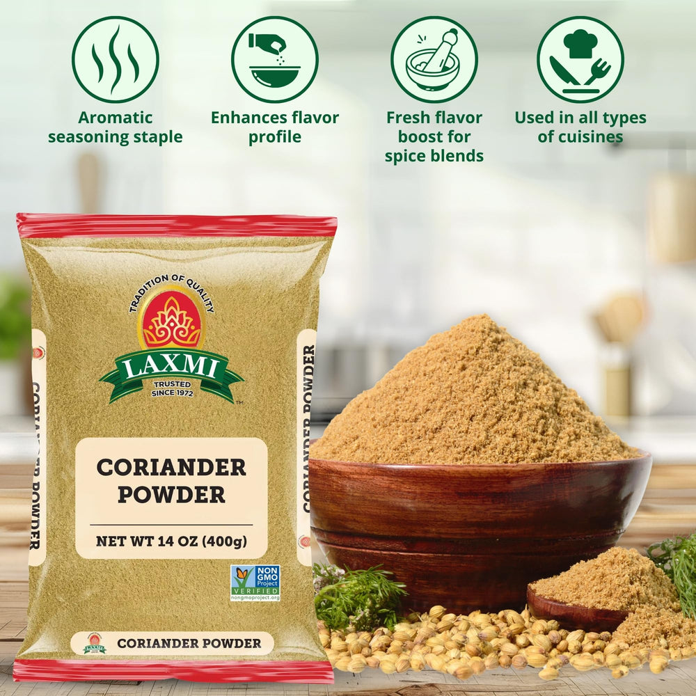 LAXMI coriander powder 14 oz on shelf conveys long-lasting freshness