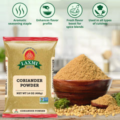 LAXMI coriander powder 14 oz on shelf conveys long-lasting freshness