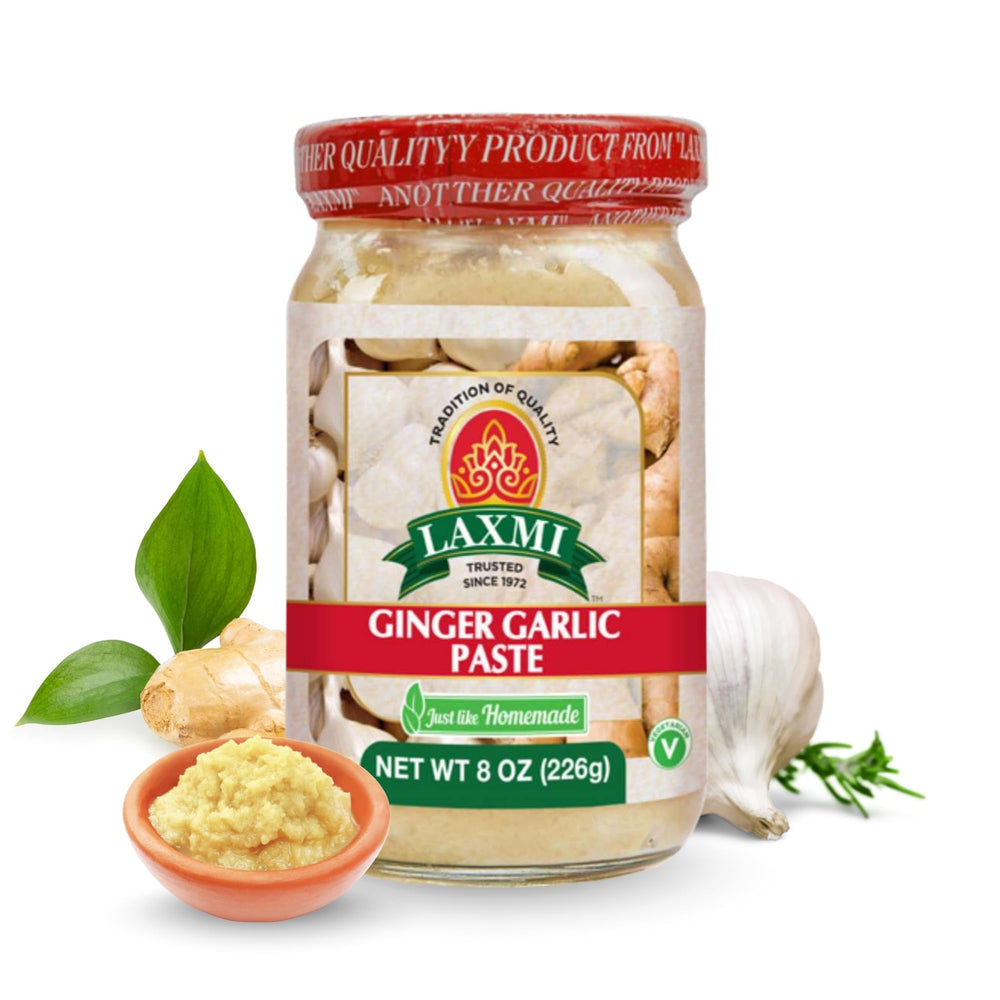 Laxmi Ginger Garlic Paste jar close-up highlighting fresh flavor for home cooking