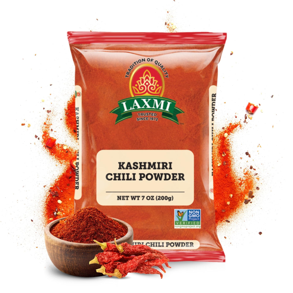 LAXMI Kashmiri chili powder in a jar showing mild heat and vibrant color.