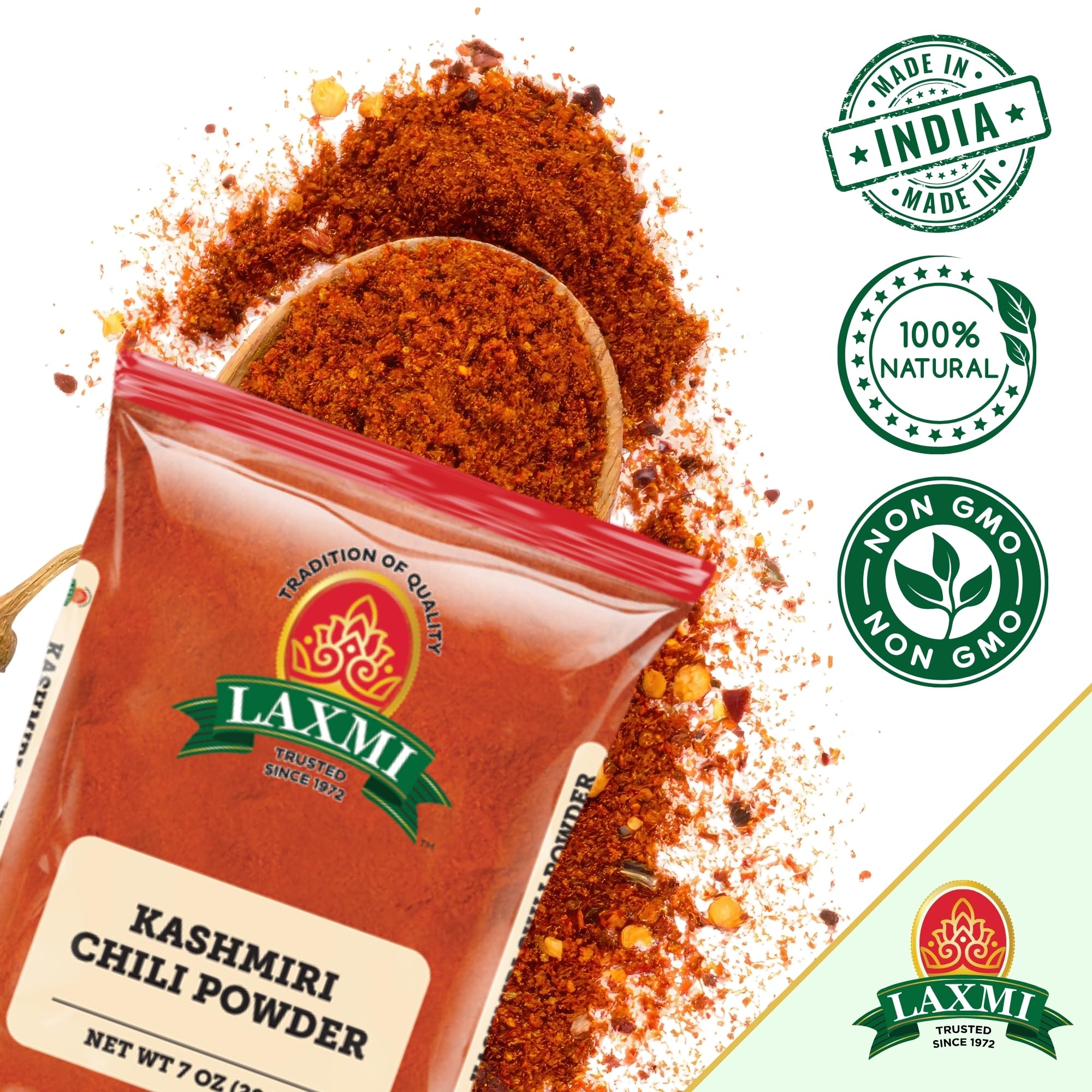 LAXMI Kashmiri chili powder shows rich red hue ideal for authentic Indian dishes.